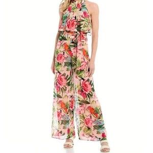 Eliza J Floral Chiffon Halter Neck Tiered Popover Belted Jumpsuit Womens Size 10